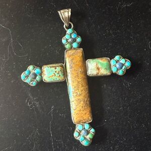 Mexican Silver .925 Turquoise and Brown Cross Pendant Necklace Lrg. Sz 3.5 X 3